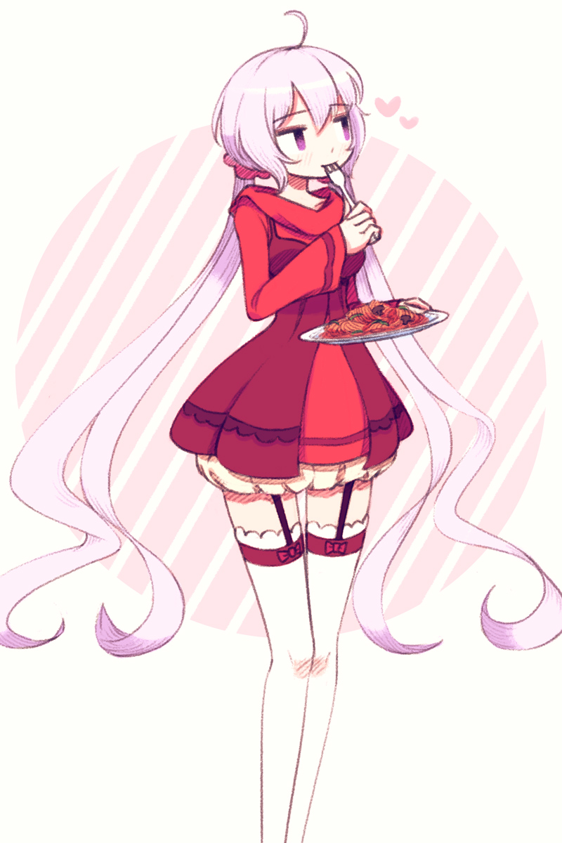 1girl ahoge bow circle dress eating eyebrows eyebrows_visible_through_hair food fork fork_in_mouth garters heart highres long_hair long_sleeves looking_to_the_side looking_up low-tied_long_hair makaroll mushroom pasta plate puffy_shorts red_dress scrunchie senki_zesshou_symphogear shorts solo spaghetti standing twintails very_long_hair violet_eyes white_background white_hair white_legwear white_shorts yukine_chris