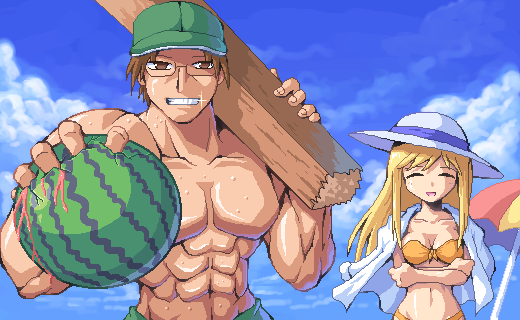 1boy 1girl bangs bikini blonde_hair blue_sky brown_eyes brown_hair closed_eyes collarbone food fruit glasses grin hat higurashi_no_naku_koro_ni kurogarasu long_hair looking_at_viewer muscle shirt_on_shoulders short_hair sky smile swimsuit takano_miyo tomitake_jirou watermelon wood