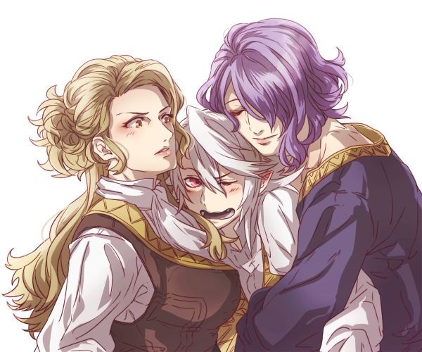 1girl 2boys blonde_hair brown_eyes camilla_(fire_emblem_if) closed_eyes fangs female fire_emblem fire_emblem_if genderswap genderswap_(ftm) genderswap_(mtf) hair_over_one_eye hotate_rayan hug hug_from_behind long_hair looking_at_another male marx_(fire_emblem_if) multiple_boys my_unit_(fire_emblem_if) one_eye_closed parted_lips pointy_ears purple_hair red_eyes sandwiched silver_hair