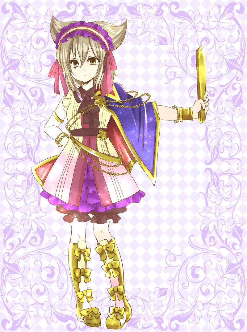 1girl black_ribbon blue_cape boots bow_legwear bracelet cape commentary_request earmuffs embellished_costume full_body hairband hand_on_hip jewelry light_brown_hair lolita_hairband looking_at_viewer mimippu neck_ribbon outstretched_arm pointy_hair purple_skirt ribbon ritual_baton sash shirt short_hair skirt sleeveless sleeveless_shirt solo touhou toyosatomimi_no_miko yellow_boots yellow_eyes