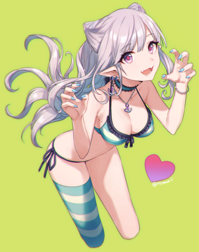 1girl anchor animal_ears bikini breasts cat_ears cleavage ear_piercing fangs fingernails frilled_bikini frills heart jewelry long_hair looking_at_viewer necklace open_mouth original pendant piercing pointy_ears purple_hair sharp_fingernails side-tie_bikini single_thighhigh smile solo striped striped_bikini striped_legwear swimsuit thigh-highs veryberry00 violet_eyes