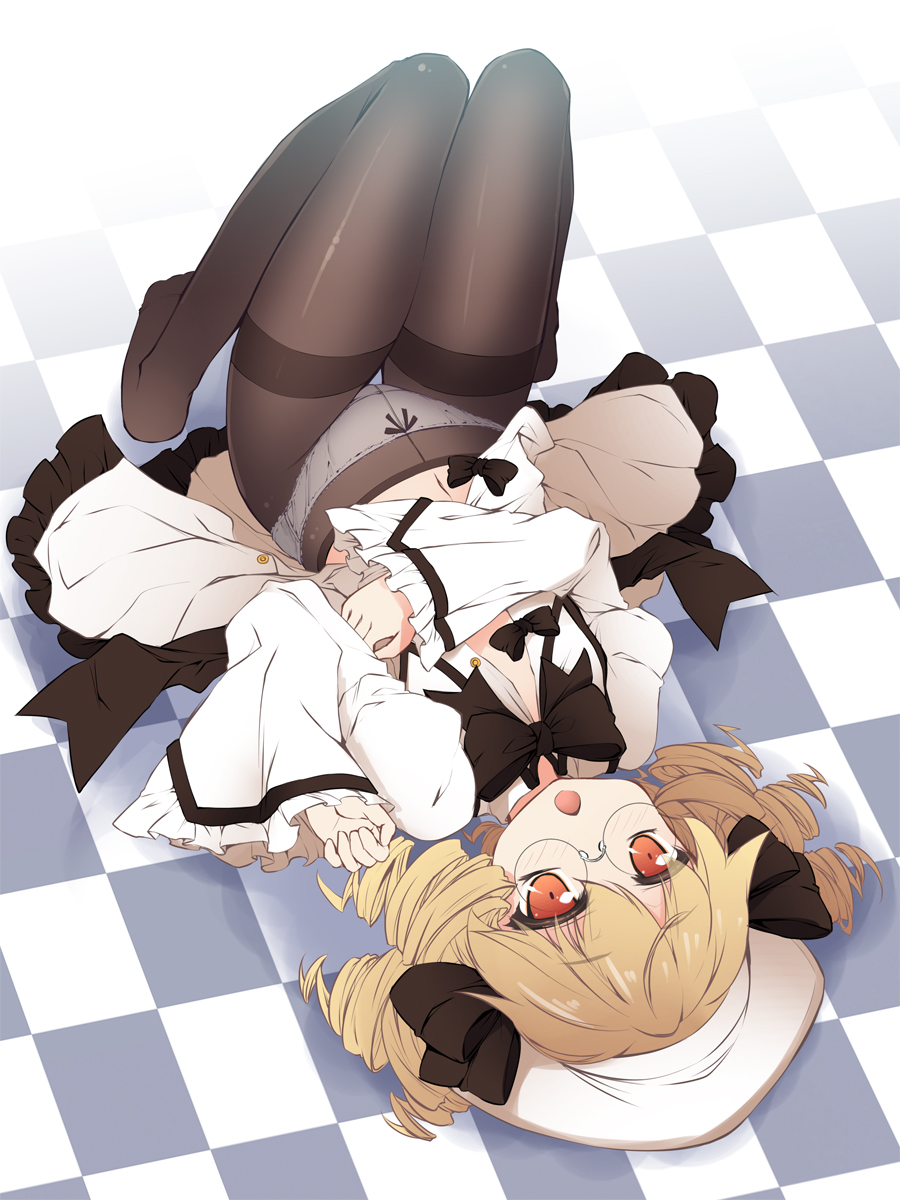 1girl bespectacled blonde_hair blush brown_legwear checkered checkered_floor chestnut_mouth chima_q crotch_seam dress drill_hair dutch_angle full_body glasses hat highres long_sleeves luna_child lying navel on_back on_floor open_clothes open_dress open_mouth panties panties_under_pantyhose pantyhose puffy_sleeves red_eyes ribbon solo thighband_pantyhose touhou unbuttoned underwear upside-down white_dress white_panties wide_sleeves