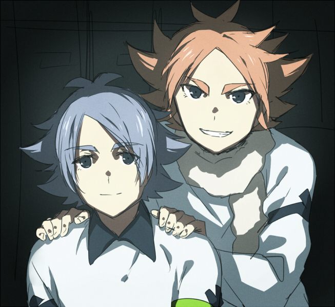 2boys blue_eyes blue_hair brothers catgirl0926 flipped_hair fubuki_atsuya fubuki_shirou inazuma_eleven_(series) inazuma_eleven_ares male_focus multiple_boys orange_eyes pink_hair scarf short_hair siblings smile soccer_uniform sportswear