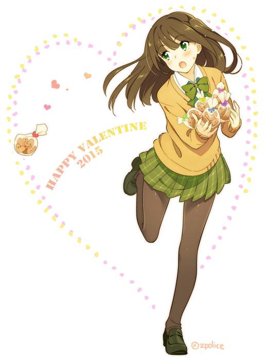 1girl 2015 :o artist_name bag black_legwear black_shoes blush bow bowtie brown_hair cardigan collared_shirt cookie english food full_body gift green_bow green_bowtie green_eyes green_skirt happy_valentine heart leg_up loafers long_hair long_sleeves number original pantyhose plaid plaid_skirt plastic_bag pleated_skirt school_uniform shirt shoes skirt solo standing standing_on_one_leg sweatdrop twitter_username white_background white_shirt wing_collar zpolice