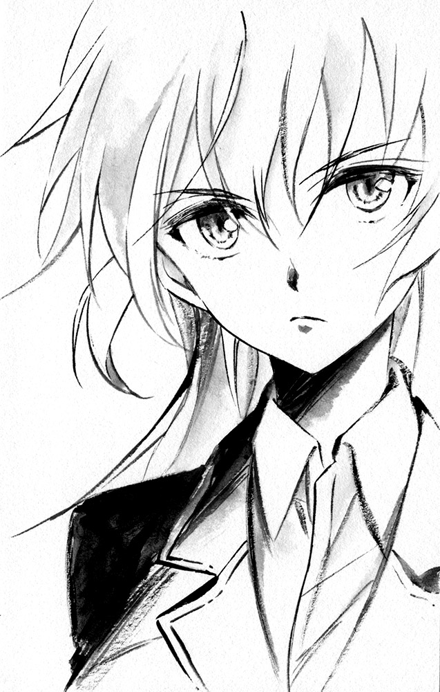 1girl agahari charlotte_e_yeager long_hair looking_at_viewer military military_uniform monochrome solo strike_witches traditional_media uniform