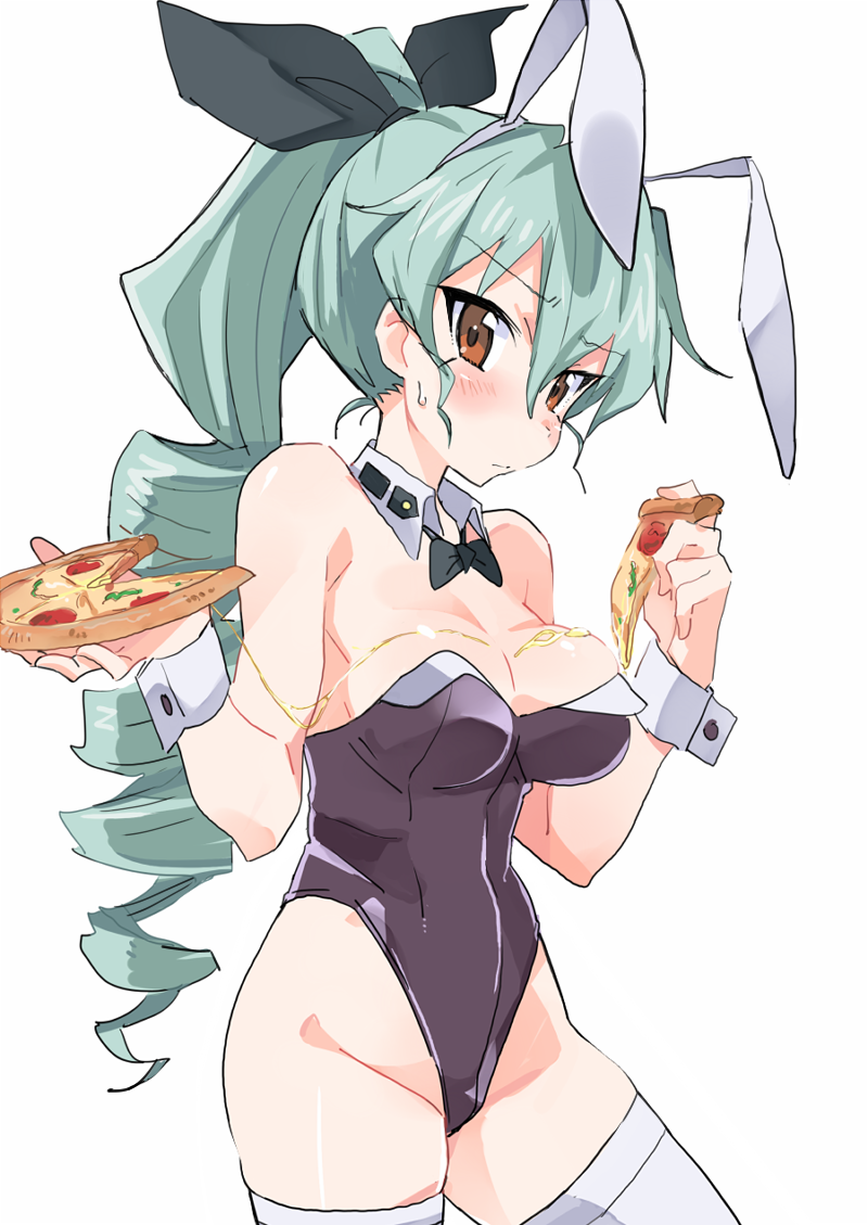 1girl alternate_hairstyle anchovy animal_ears black_bow blush bow breasts brown_eyes bunnysuit cheese cleavage closed_mouth collarbone cowboy_shot detached_collar drill_hair expressionless eyebrows eyebrows_visible_through_hair fake_animal_ears food food_on_body girls_und_panzer green_hair groin hair_between_eyes hair_bow hairband hibiglasses holding holding_food leotard looking_at_viewer medium_breasts pizza ponytail rabbit_ears simple_background solo standing strapless strapless_leotard sweatdrop thigh-highs tsurime white_background white_legwear wrist_cuffs