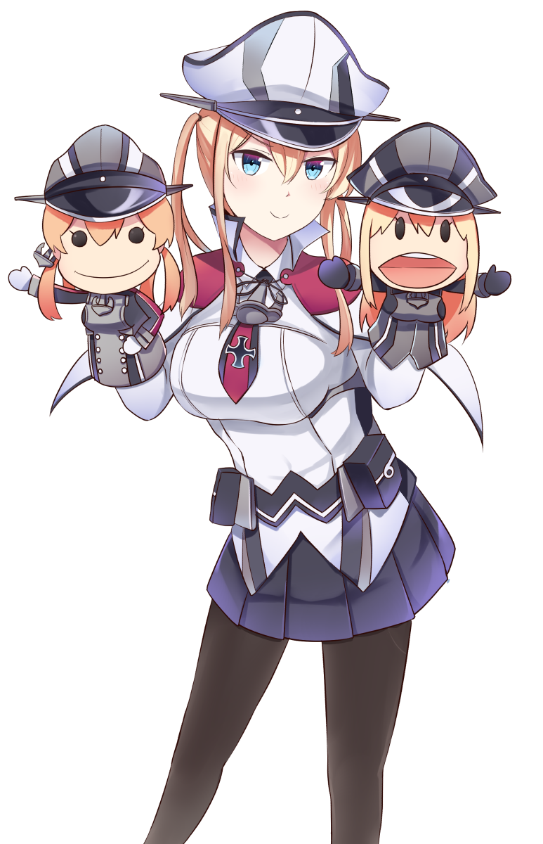 1girl :v bismarck_(kantai_collection) black_legwear blonde_hair blue_eyes blush character_doll contrapposto cover cover_page doujin_cover graf_zeppelin_(kantai_collection) hand_puppet hands_up happy hat highres ido_(teketeke) kantai_collection long_hair looking_at_viewer pantyhose peaked_cap pouch prinz_eugen_(kantai_collection) puppet simple_background skirt smile solo twintails uniform white_background