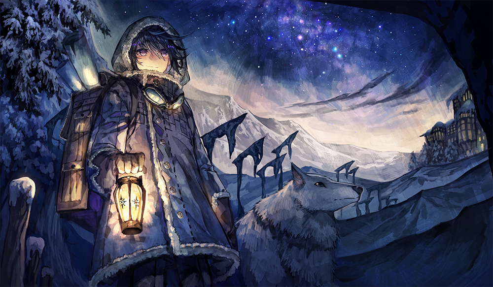 369minmin backpack bag brown_gloves closed_mouth coat dog gloves goggles goggles_around_neck holding hood house lantern mountain original outdoors purple_hair scroll snow standing tree violet_eyes