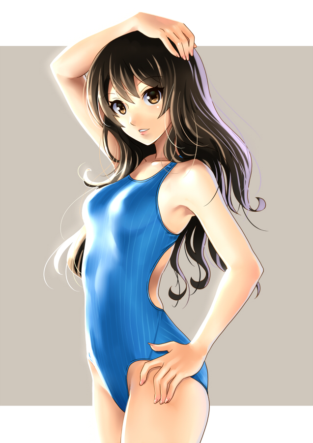 arm_up blue_swimsuit brown_eyes brown_hair competition_swimsuit cowboy_shot fingernails hand_on_hip hand_on_own_head katahira_masashi long_fingernails long_hair one-piece_swimsuit original parted_lips simple_background striped swimsuit vertical-striped_swimsuit vertical_stripes