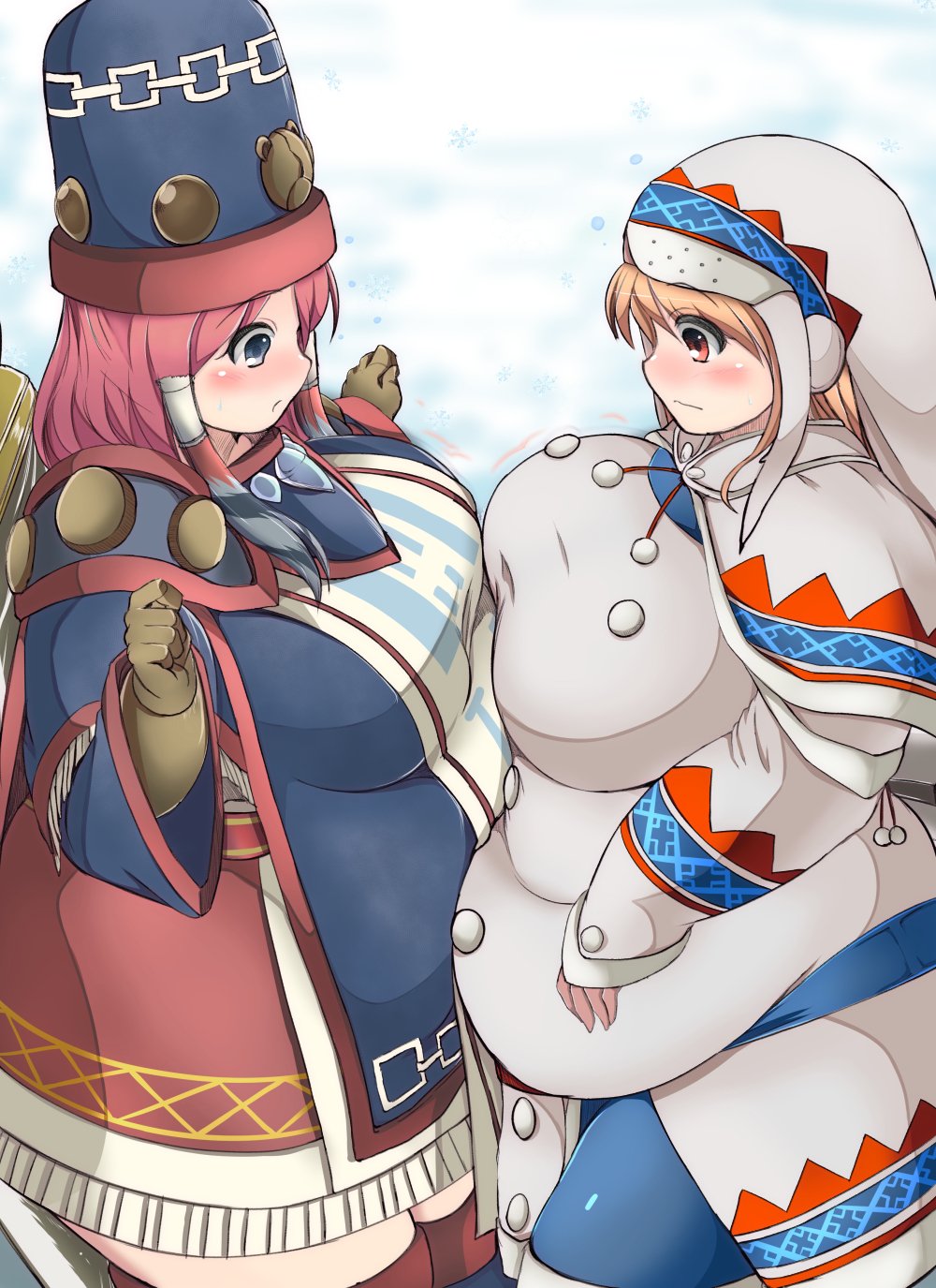 2girls belly_to_belly big_belly blue_eyes blush breast_press breasts brown_hair capelet cloak coat commentary_request earmuffs fat fringe frown gammoth_(armor) gloves highres hood hooded_cloak huge_breasts kurokaze_no_sora lagombi_(armor) monster_hunter monster_hunter_x multiple_girls nose_blush obese original pink_hair red_eyes sidelocks snow snowflakes symmetrical_docking thigh-highs