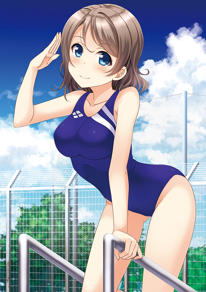 1girl blue_eyes breasts brown_hair competition_swimsuit fence hino_minato_(spec.c) leaning_forward love_live! love_live!_sunshine!! medium_breasts one-piece_swimsuit pool_ladder salute short_hair solo swimsuit watanabe_you