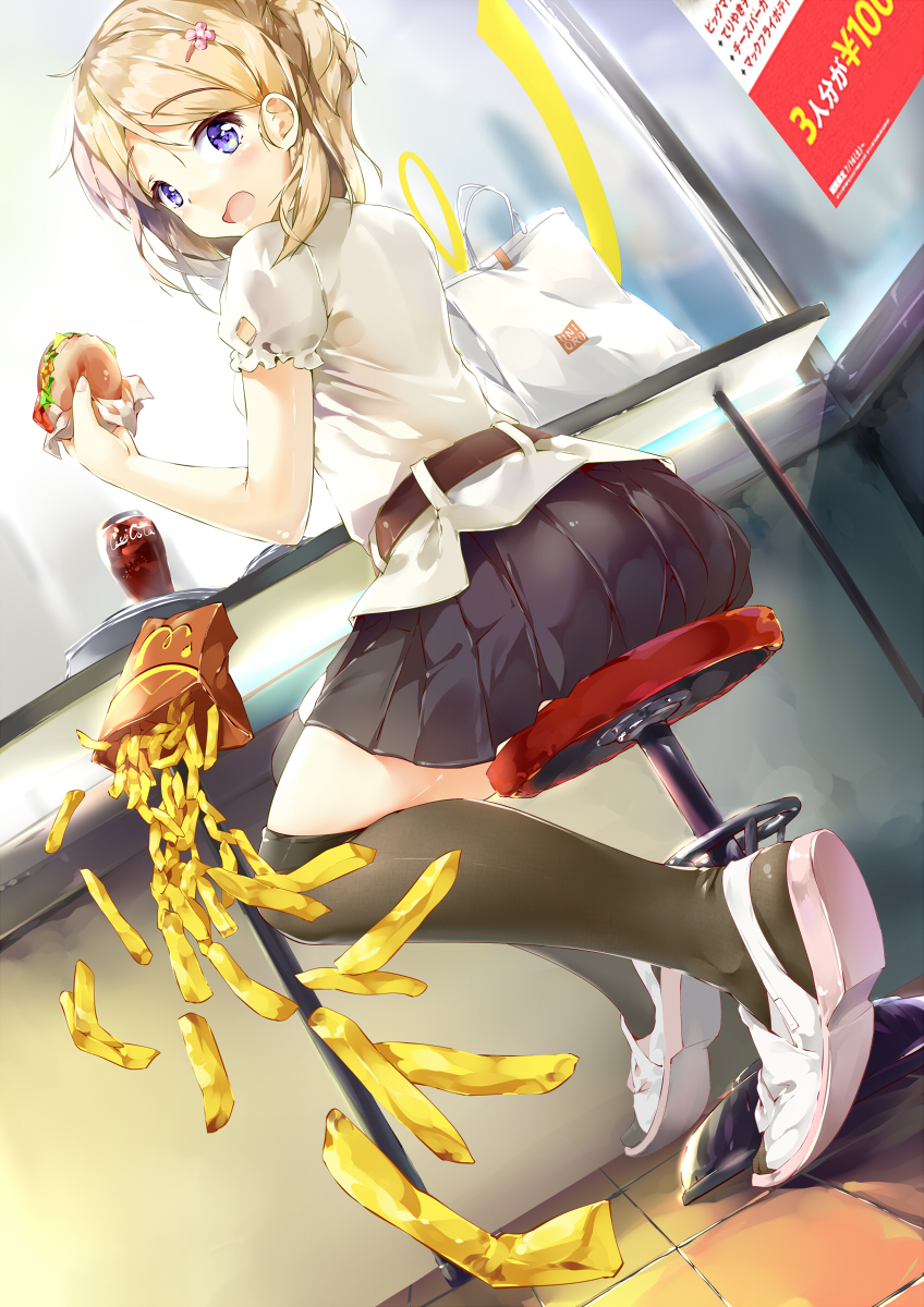 1girl :d ass back belt black_legwear blonde_hair blush coca-cola coke-bottle_glasses food french_fries hamburger highres looking_at_viewer open_mouth original pleated_skirt shuffle_(songdatiankong) sitting skirt smile solo thigh-highs uniqlo