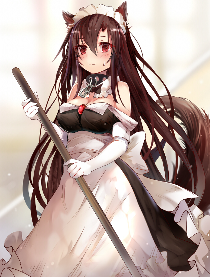 1girl alternate_costume animal_ears apron bare_shoulders blush breasts brooch brown_hair chain cleavage collar detached_collar dress efe elbow_gloves enmaided gloves hair_between_eyes imaizumi_kagerou jewelry long_hair looking_at_viewer maid maid_headdress medium_breasts off_shoulder red_eyes revision solo standing sweatdrop tail touhou underbust very_long_hair wavy_mouth white_gloves wolf_ears wolf_tail