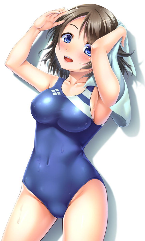 1girl :d blue_eyes breasts brown_hair competition_swimsuit covered_navel love_live! love_live!_sunshine!! medium_breasts noshimasa one-piece_swimsuit one_eye_closed open_mouth short_hair smile solo standing swimsuit towel watanabe_you