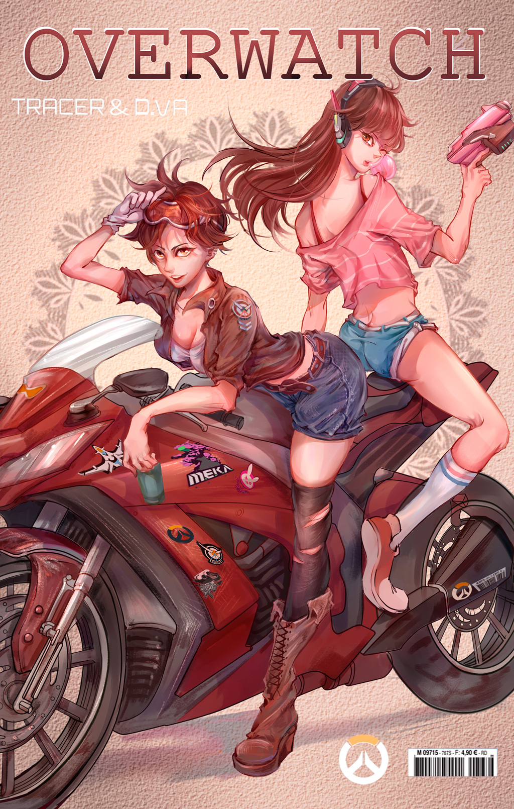 2girls arm_support ass bangs barcode bare_shoulders belt black_legwear bomber_jacket boots breasts brown_belt brown_boots brown_eyes brown_hair brown_jacket bubble_blowing bubblegum butt_crack character_name cleavage collarbone cross-laced_footwear d.va_(overwatch) denim denim_shorts emblem eyelashes facepaint facial_mark floating_hair from_behind gloves goggles goggles_on_head ground_vehicle gum gun hand_on_goggles handgun highres holding holding_gun holding_weapon jacket knee_boots kneehighs lace-up_boots large_breasts leaning_forward leather leather_jacket lips logo long_hair looking_at_viewer looking_back military_rank_insignia motor_vehicle motorcycle multiple_girls off-shoulder_shirt off_shoulder one_eye_closed overwatch pink_lips shirt shoes short_shorts short_sleeves shorts single_glove sitting sleeveless sleeveless_shirt spiky_hair sticker thigh-highs torn_clothes torn_thighhighs tracer_(overwatch) vehicle weapon whisker_markings white_gloves white_legwear white_shirt xilin