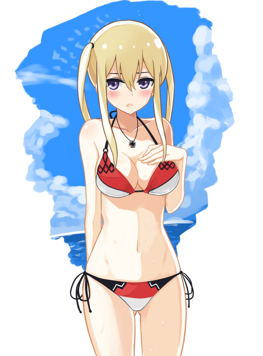 1girl alternate_costume arm_behind_back ass_visible_through_thighs bikini blonde_hair blue_eyes blush breasts cross-counter_(screw_upper) graf_zeppelin_(kantai_collection) hair_between_eyes hair_over_shoulder hand_on_own_chest iron_cross kantai_collection long_hair looking_at_viewer medium_breasts midriff multicolored_bikini navel open_mouth shy side-tie_bikini sidelocks swimsuit thighs tsurime twintails