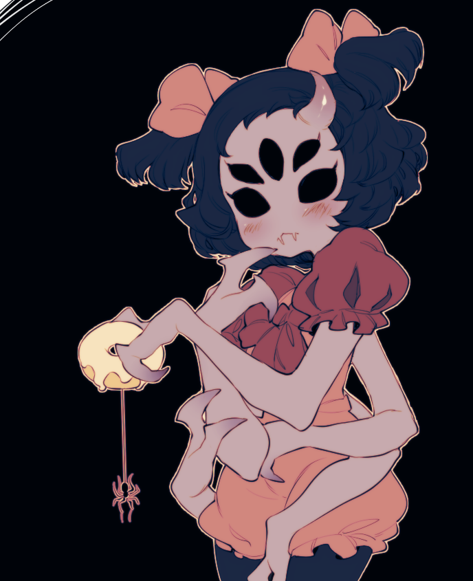1girl 3m_0l black_background black_hair bubble_skirt doughnut extra_arms extra_eyes fangs food hair_ribbon horns insect_girl monster_girl muffet puffy_short_sleeves puffy_sleeves purple_skin ribbon short_sleeves simple_background skirt spider spider_girl twintails undertale