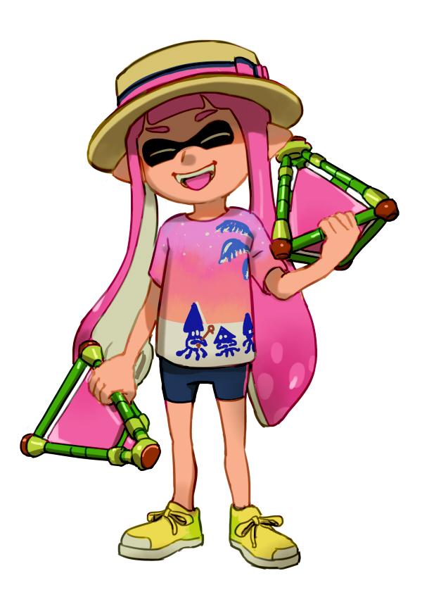 1girl bike_shorts closed_eyes domino_mask fangs female full_body hat holding inkling mask open_mouth pink_hair pointy_ears shirt shoes smile sneakers solo splatoon squid t-shirt tentacle_hair tongue tongue_out viibean weapon