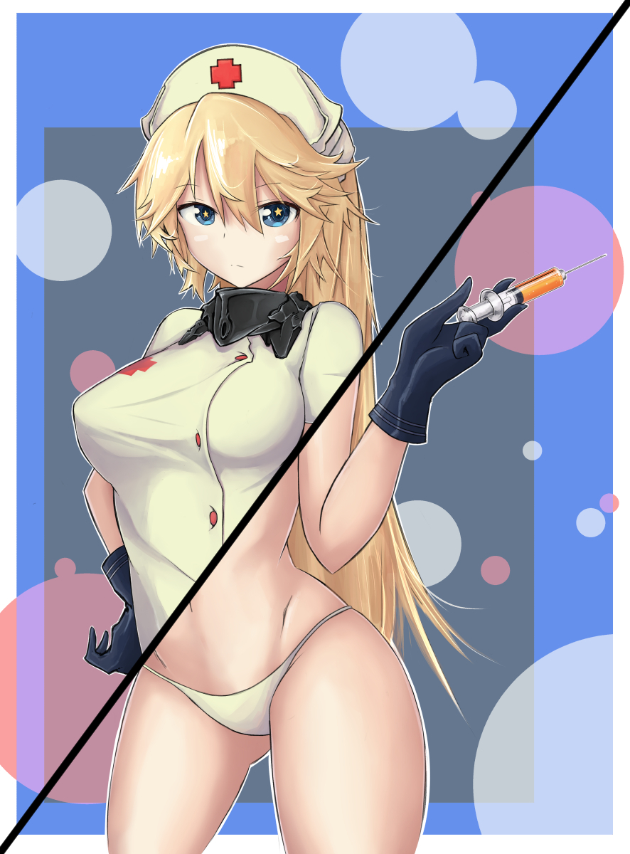 1girl alternate_costume alternate_hairstyle ass_visible_through_thighs bad_id bikini black_gloves blonde_hair blue_eyes breasts circle covered_nipples dress gloves hand_on_hip hat highres iowa_(kantai_collection) kantai_collection large_breasts looking_at_viewer navel nurse nurse_cap o-ring_top ponytail serious short_dress short_sleeves solo star star-shaped_pupils swimsuit symbol-shaped_pupils syringe thighs white_bikini white_dress yam-potong