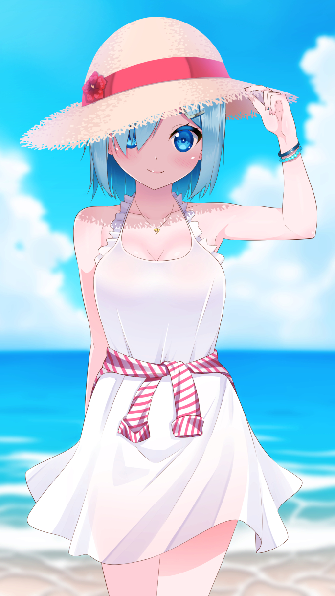 1girl alternate_hair_color blue_eyes blue_hair bracelet breasts cleavage dress hair_ornament hair_over_one_eye hairclip hamakaze_(kantai_collection) hat highres jewelry kantai_collection looking_at_viewer ocean pendant short_hair smile solo straw_hat sundress white_dress yasuto_(eria151)