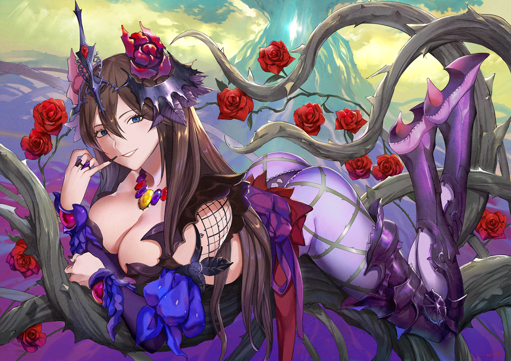 1girl armor ass black_nails blue_eyes boots branch breasts brown_hair cleavage detached_puffy_sleeves detached_sleeves finger_to_mouth fingernails flower granblue_fantasy greaves grin hair_between_eyes headdress high_heel_boots high_heels jewelry large_breasts legs_up long_fingernails long_hair looking_at_viewer lying mikurou_(nayuta) nail_polish necklace on_stomach pantyhose print_legwear puffy_sleeves purple_legwear red_rose ring rose rose_queen rosetta_(granblue_fantasy) smile solo thorn_print thorns tree very_long_hair