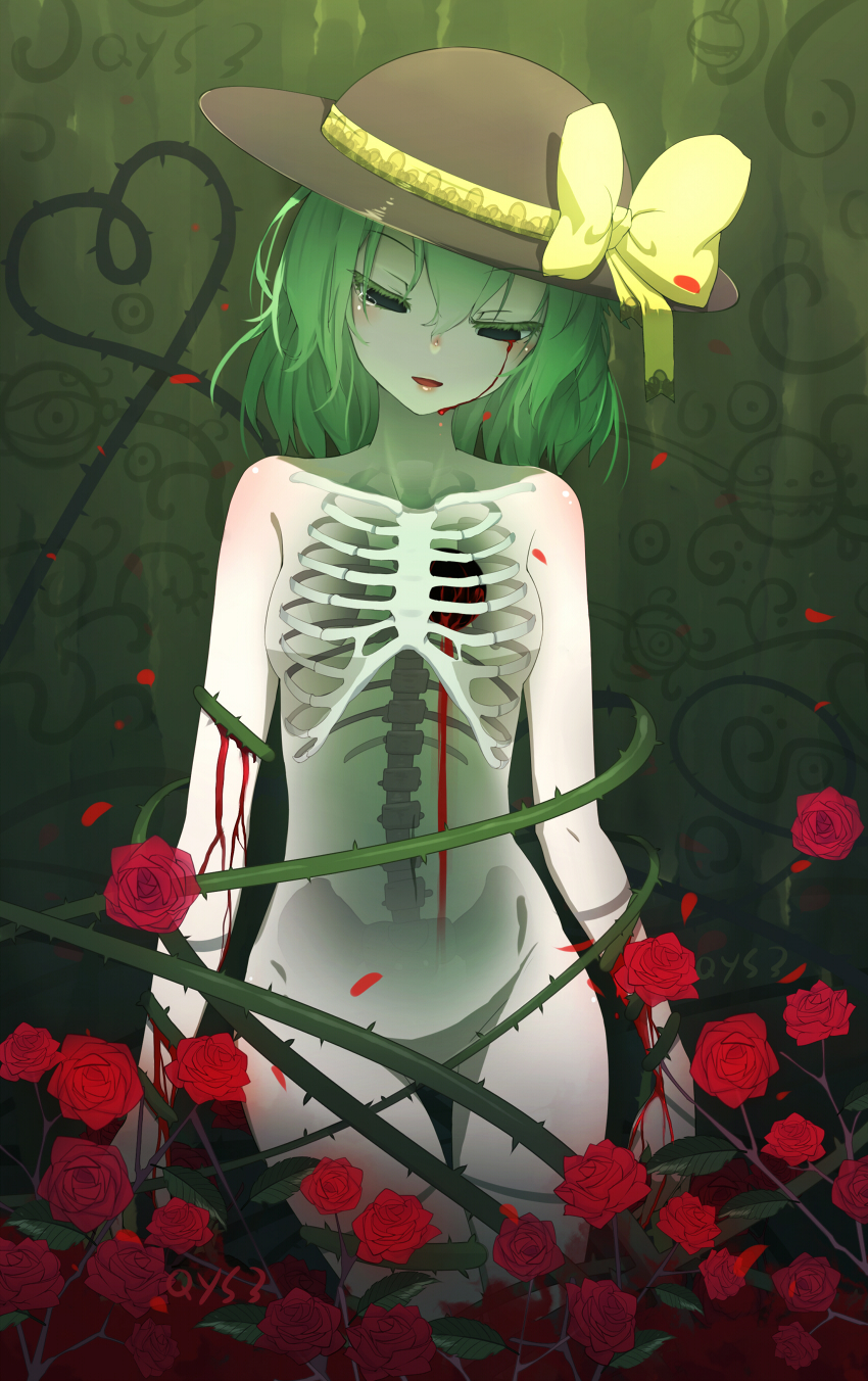 1girl bai_yemeng black_eyes black_hat blank_eyes bleeding blood bloody_tears bow bowler_hat breasts collarbone colored_eyelashes crying flower green_hair hair_between_eyes hat hat_bow heart heart_of_string highres komeiji_koishi looking_down nude petals plant red_rose revision ribs rose rose_petals short_hair small_breasts solo spine thigh_gap thorns touhou vines yellow_bow