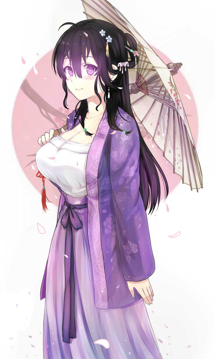 1girl ahoge alternate_hairstyle arm_at_side beifeng_han black_hair breasts dress floral_print from_side gradient_hair hair_between_eyes highres large_breasts light_smile long_hair looking_at_viewer miyaura_sanshio multicolored_hair oriental_umbrella original purple_dress purple_hair shirt two-tone_hair umbrella violet_eyes white_shirt