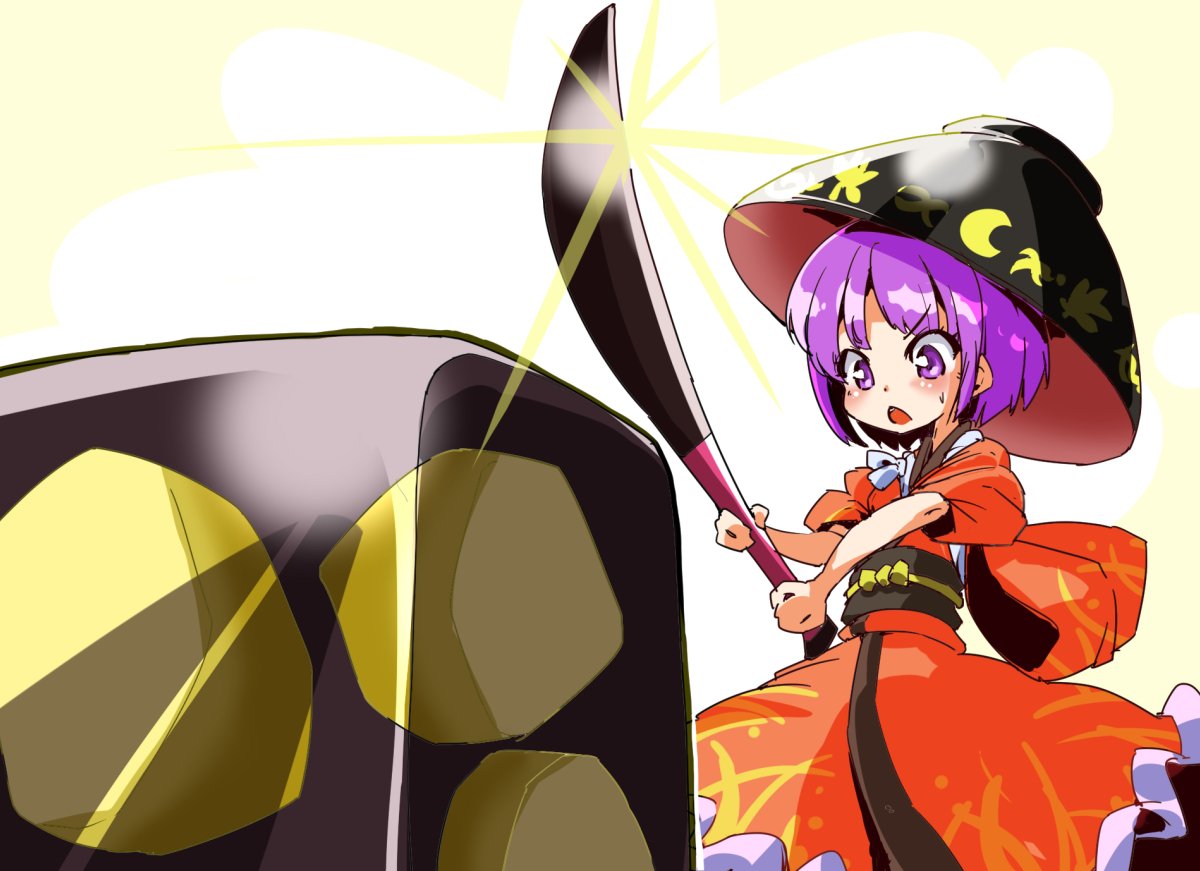 1girl bowl bowl_hat food hat japanese_clothes knife minigirl object_on_head purple_hair shinapuu short_hair solo sukuna_shinmyoumaru touhou violet_eyes wagashi youkan_(food)