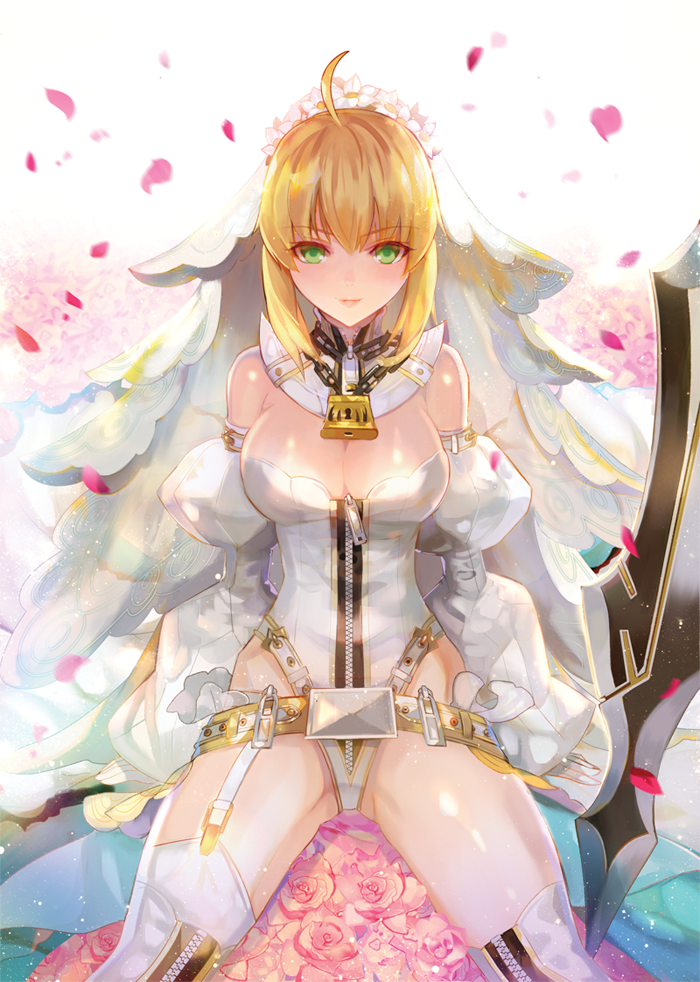 1girl ahoge astarone bare_shoulders belt blonde_hair bodysuit breasts center_opening chain cleavage commentary_request detached_sleeves fate/stay_night fate_(series) flower garter_straps gloves green_eyes lock padlock saber saber_bride saber_extra sitting smile solo veil white_legwear zipper