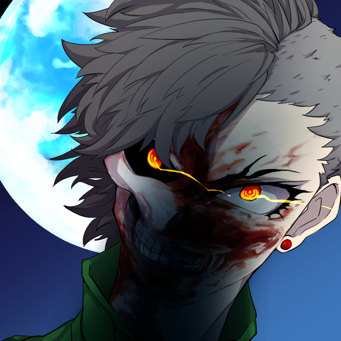 1boy artist_request black_sclera blood blood_on_face crazy_eyes crazy_smile ear_piercing glowing glowing_eyes light_trail male_focus moon nanashi_(shin_megami_tensei_iv_final) orange_eyes piercing shin_megami_tensei shin_megami_tensei_iv shin_megami_tensei_iv_final skull solo split_theme teeth