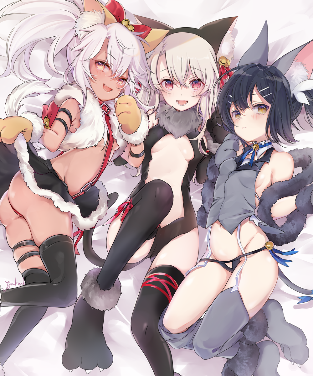 3girls :d animal_ears ass bangs bell black_hair black_legwear black_leotard breasts brown_eyes cat_ears center_opening chloe_von_einzbern dark_skin eyebrows_visible_through_hair fate/kaleid_liner_prisma_illya fate_(series) grey_legwear hair_ornament hairclip highres illyasviel_von_einzbern jingle_bell knee_up leotard long_hair looking_at_viewer lying miyu_edelfelt multiple_girls navel on_back open_mouth paws sideboob sidelocks small_breasts smile tail thigh-highs thighs violet_eyes white_hair yellow_eyes yuge_(mkmk)