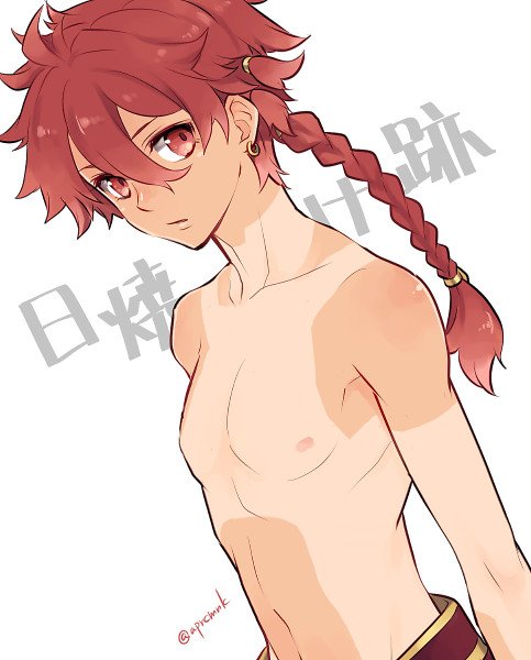 1boy alexander_(fate/grand_order) braid earrings fate/grand_order fate_(series) jewelry looking_at_viewer male_focus navel nipples nomoc parted_lips red_eyes redhead shirtless simple_background solo tan tanline twitter_username upper_body white_background