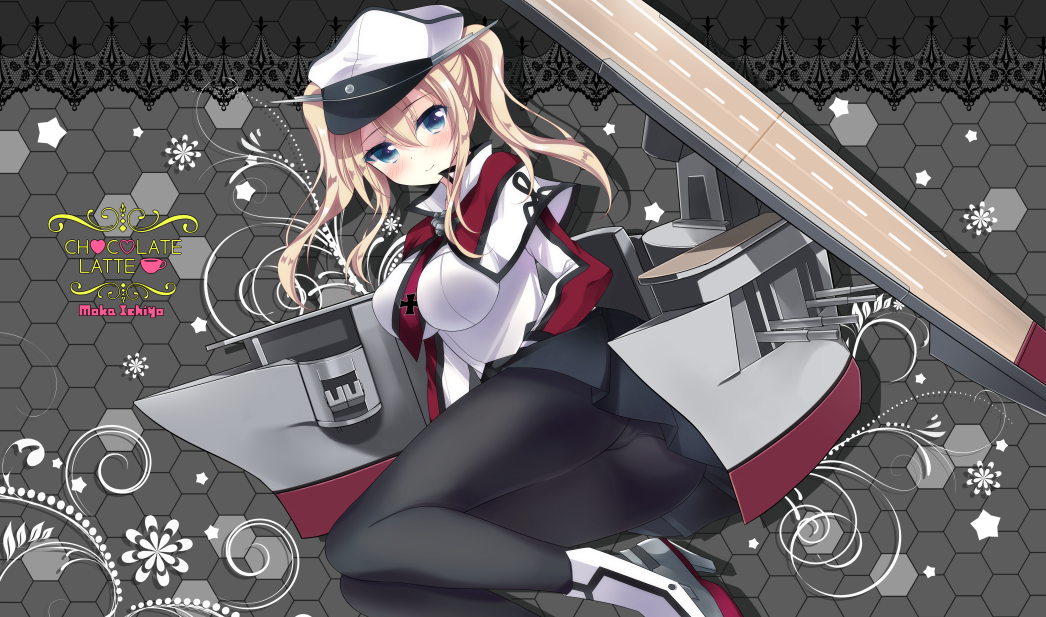 1girl ass blonde_hair blue_eyes caplet graf_zeppelin_(kantai_collection) hat ichiyou_moka iron_cross kantai_collection legs looking_at_viewer military military_uniform necktie panties panties_under_pantyhose pantyhose peaked_cap pleated_skirt revision skirt smile solo thighs twintails underwear uniform white_hat