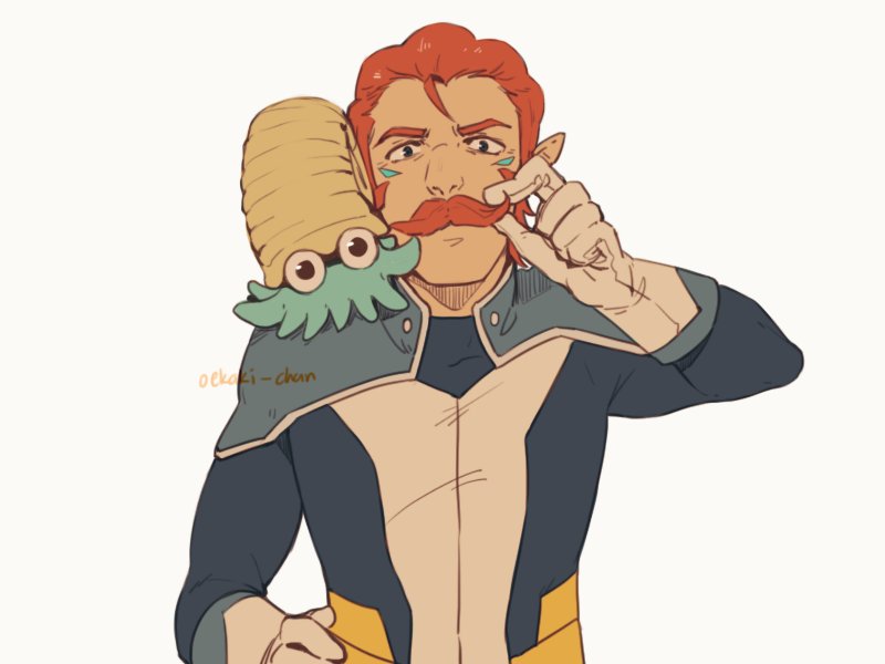 1boy coran_(voltron) facial_hair facial_mark gloves grey_background hand_on_hip hyakujuu-ou_golion looking_at_viewer male_focus mustache omanyte on_shoulder orange_hair pokemon pokemon_(creature) simple_background solo upper_body voltron:_legendary_defender