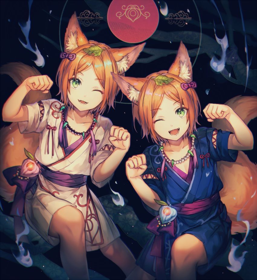 2boys ;3 ;d androgynous animal_ears aoi_hinata aoi_yuuta bangs bead_necklace bow brothers chinese_lantern clenched_hands ensemble_stars! eyebrows eyebrows_visible_through_hair fang_necklace fangs fire floral_print fox_ears fox_tail green_eyes hair_bow hands_up hitodama japanese_clothes kimono leaf leaf_on_head looking_at_viewer male_focus multiple_boys one_eye_closed open_mouth orange_hair parted_bangs paw_pose revision sash shigaraki_(strobe_blue) short_kimono short_sleeves siblings smile tail tassel twins