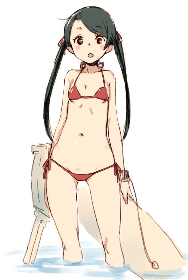 1girl bikini black_hair blush bracelet breasts brown_eyes commentary_request hair_ribbon jewelry kantai_collection kawata_hisashi long_hair looking_at_viewer mikuma_(kantai_collection) navel open_mouth partially_submerged red_bikini ribbon sketch small_breasts solo swimsuit turret twintails very_long_hair wading water