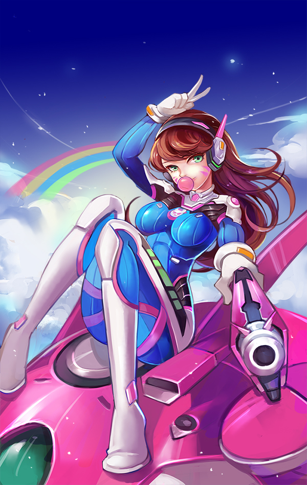 1girl alternate_eye_color arm_up bangs bodysuit boots bracer breasts breasts_apart brown_hair bubble_blowing bubblegum bunny_print clouds d.va_(overwatch) facepaint facial_mark gloves green_eyes gum gun handgun headphones holding holding_gun holding_weapon large_breasts long_hair long_sleeves mecha meka_(overwatch) night night_sky overwatch pauldrons pilot_suit pink_lips rainbow ribbed_bodysuit shoulder_pads sitting skin_tight sky smile solo star_(sky) starry_sky thigh-highs thigh_boots thigh_strap turtleneck v weapon whisker_markings white_boots white_gloves