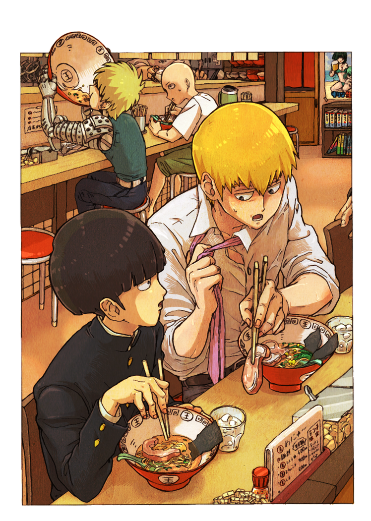 4boys bald bangs black_hair blonde_hair chopsticks creator_connection crossover cyborg eating food gakuran genos glass kageyama_shigeo looking_at_another loose_necktie male male_focus mob_psycho_100 multiple_boys necktie noodles onepunch_man pink_necktie poster ramen reigen_arataka restaurant saitama_(onepunch_man) sakuran0206 school_uniform stool sweat