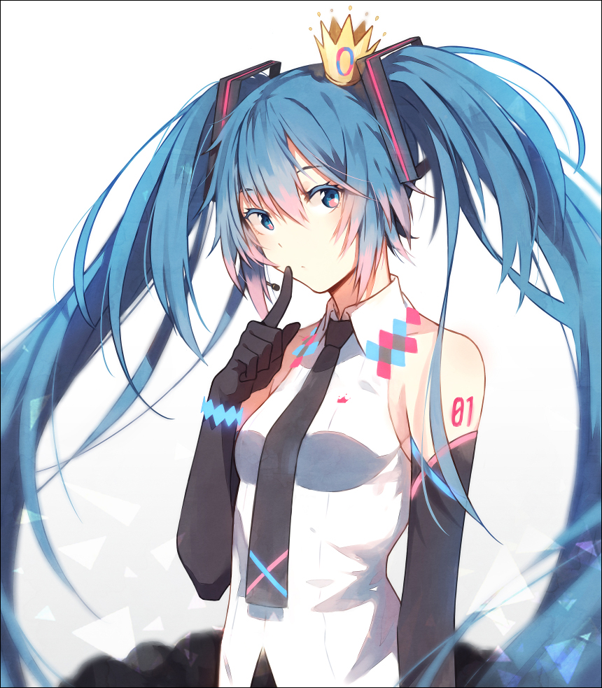 1girl aqua_eyes aqua_hair black_gloves crown elbow_gloves finger_to_mouth gloves hakusai_(tiahszld) hatsune_miku headset long_hair looking_at_viewer mini_crown necktie revision solo twintails upper_body very_long_hair vocaloid white_background