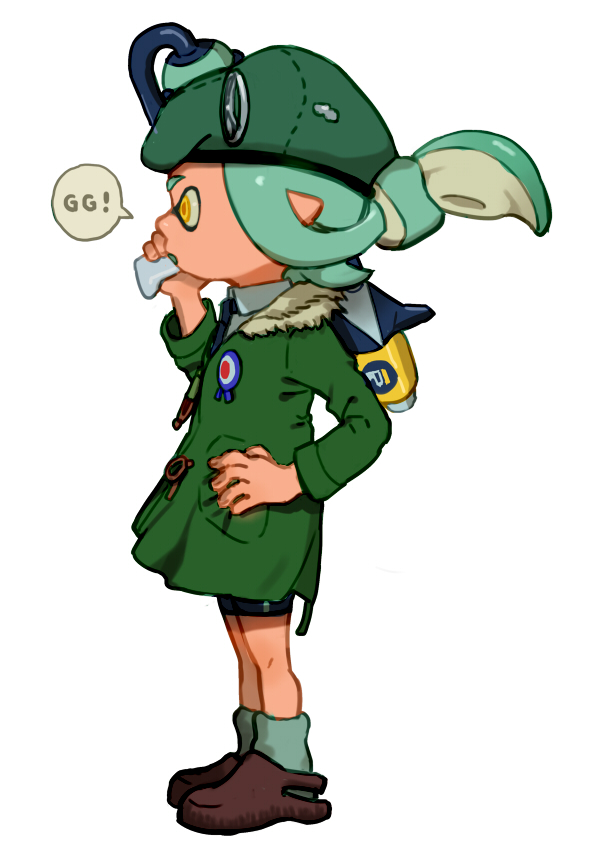1girl bike_shorts carrying_over_shoulder coat crocs domino_mask female from_side full_body green_hair gun hand_on_hip hat inkling mask military_hat open_mouth pointy_ears solo speech_bubble splatoon tentacle_hair viibean weapon yellow_eyes