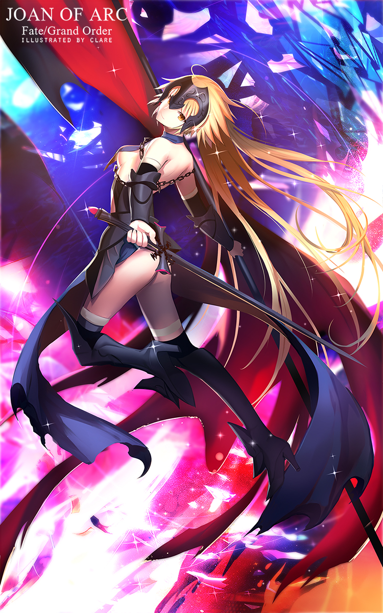1girl armor ass blonde_hair breasts chain clare_(543) fate/grand_order fate_(series) flag gauntlets headpiece highres jeanne_alter long_hair looking_at_viewer ruler_(fate/apocrypha) ruler_(fate/grand_order) sideboob smile solo sword thigh-highs weapon yellow_eyes