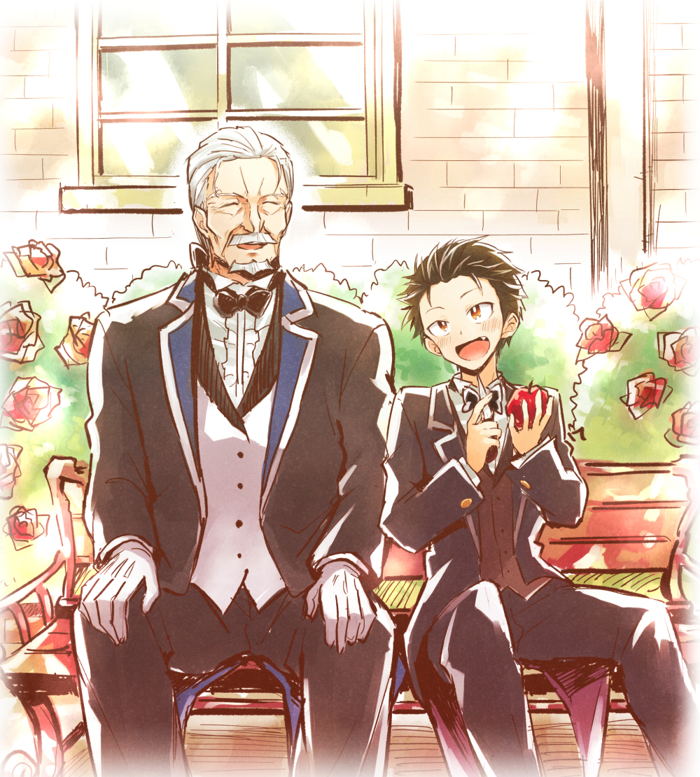 2boys :d apple beard bench black_hair blush butler buttons closed_eyes facial_hair fang flower food formal fruit gamaruta gloves holding holding_fruit knife long_sleeves male_focus multiple_boys mustache natsuki_subaru old_man open_mouth outdoors plant re:zero_kara_hajimeru_isekai_seikatsu rose short_hair sitting smile white_gloves white_hair wilhelm_(re:zero) window