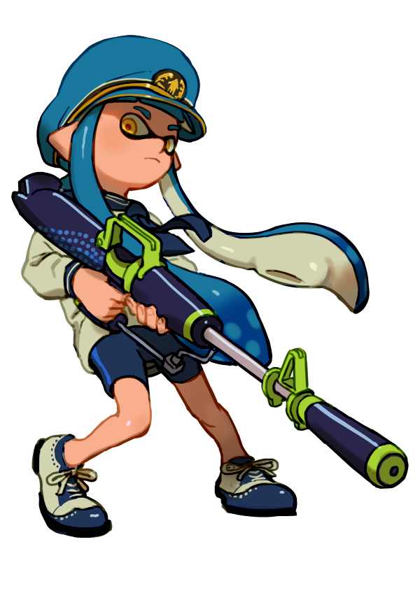 1girl bike_shorts blue_hair domino_mask frown full_body gun hat inkling mask military_hat pointy_ears rifle sailor serious shoes sneakers solo splatoon suppressor tentacle_hair viibean weapon yellow_eyes