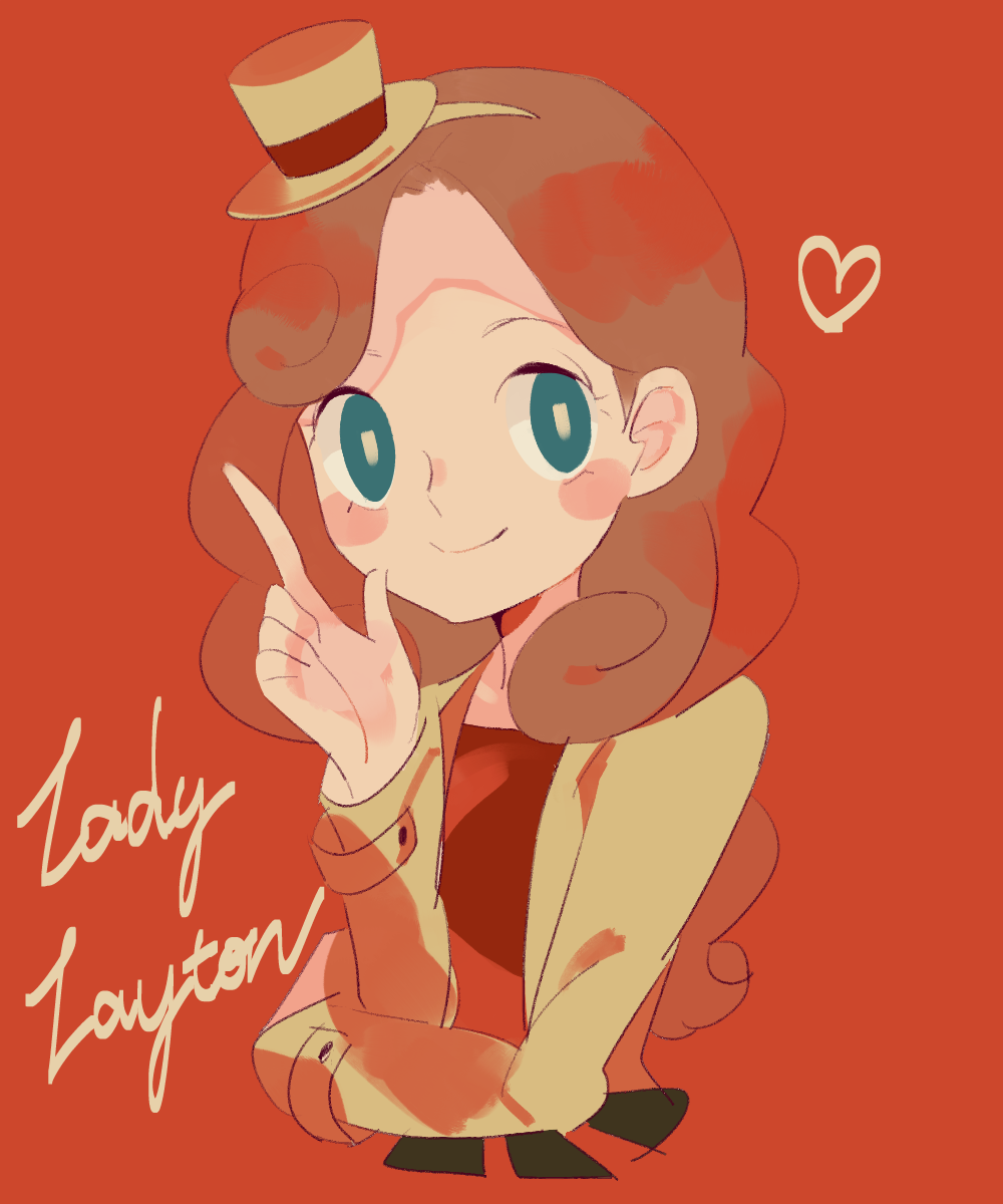 1girl blue_eyes blush_stickers brown_hair catriel_layton coat copyright_name hairband hat heart highres index_finger_raised lady_layton long_hair mini_hat mini_top_hat professor_layton red_background simple_background smile solo top_hat upper_body