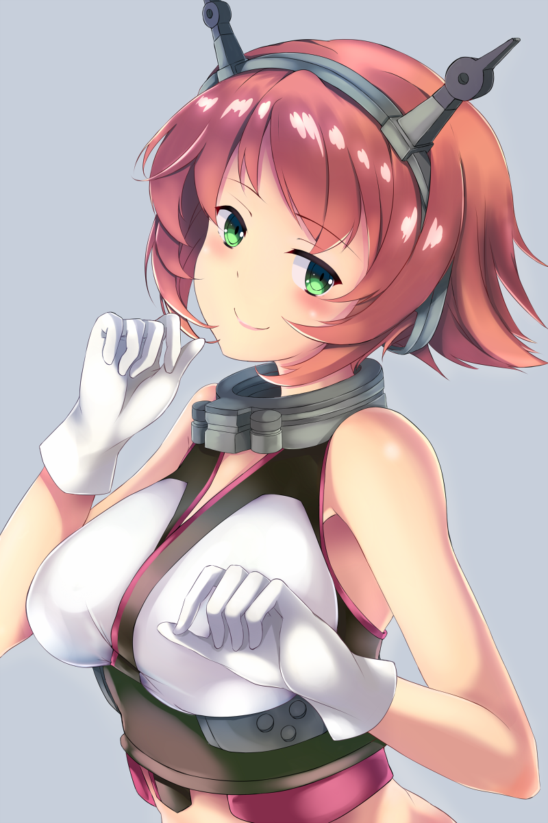 1girl bare_shoulders breasts brown_hair gloves green_eyes grey_background hairband headband headgear highres kantai_collection large_breasts midriff mutsu_(kantai_collection) pixcel radio_antenna short_hair solo upper_body white_gloves
