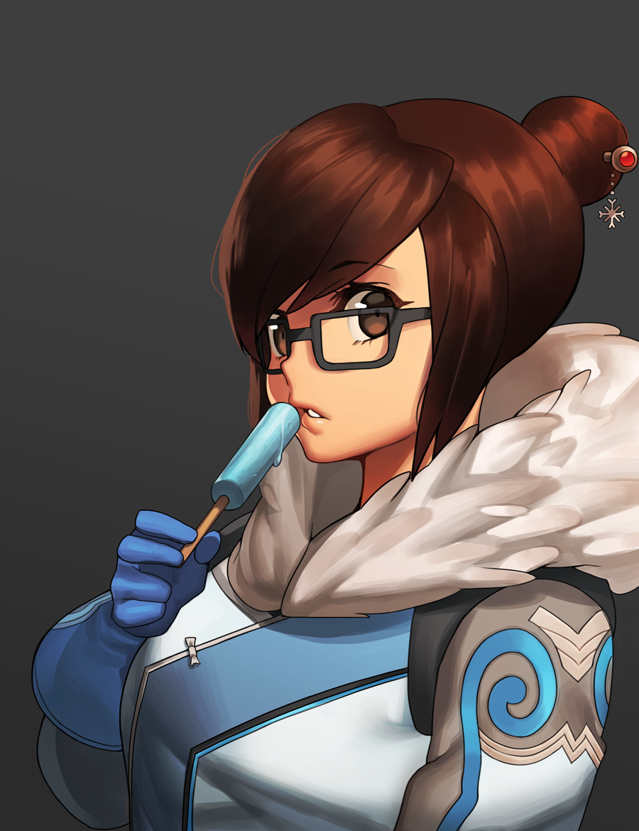 1girl bangs beads black-framed_eyewear blue_gloves bow brown_eyes brown_hair coat eyebrows eyebrows_visible_through_hair eyelashes from_side fur-lined_jacket fur_coat fur_collar fur_trim glasses gloves hair_bun hair_ornament hair_stick hood_(james_x) looking_at_viewer mei_(overwatch) overwatch parka parted_lips popsicle short_hair sidelocks snowflake_hair_ornament solo swept_bangs upper_body winter_clothes winter_coat