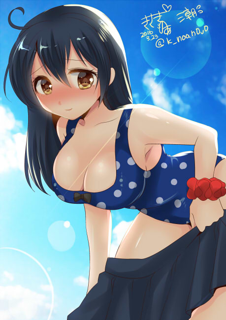 1girl blue_sky breasts casual_one-piece_swimsuit cleavage clouds kantai_collection kisekisaki large_breasts long_hair one-piece_swimsuit polka_dot polka_dot_swimsuit skirt sky solo sunlight swimsuit undressing ushio_(kantai_collection) yellow_eyes