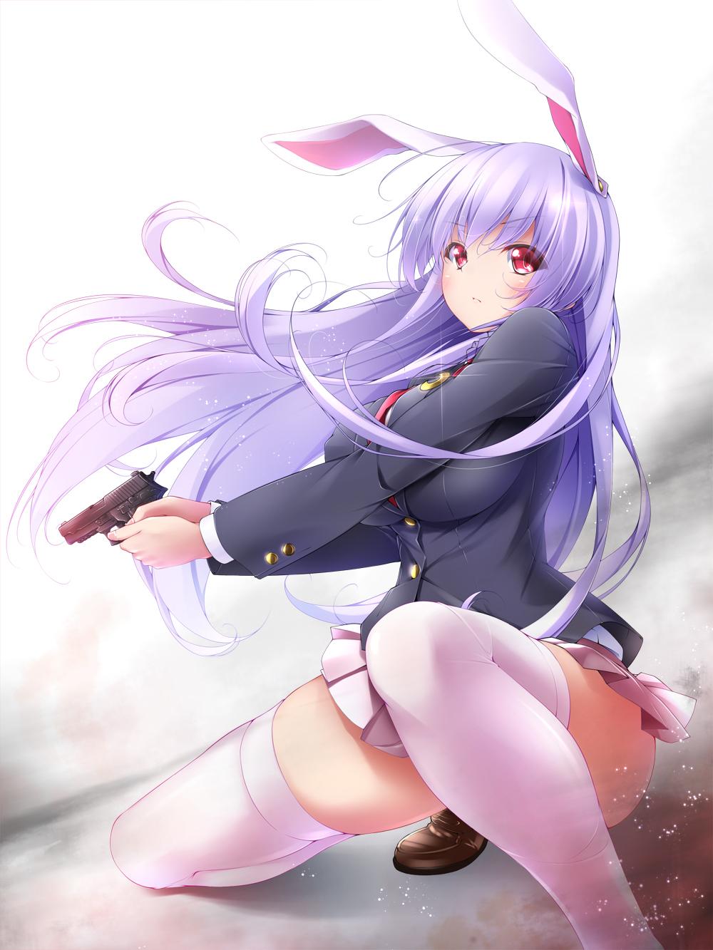 1girl animal_ears blazer blouse blush breasts buttons extra_ears gun handgun highres holding holding_gun holding_weapon jacket large_breasts long_hair long_sleeves looking_at_viewer midoriiro_no_shinzou necktie pink_legwear pistol pleated_skirt purple_hair rabbit_ears red_eyes reisen_udongein_inaba shoes sig_p226 sig_sauer skirt solo squatting thigh-highs thighs touhou weapon zettai_ryouiki