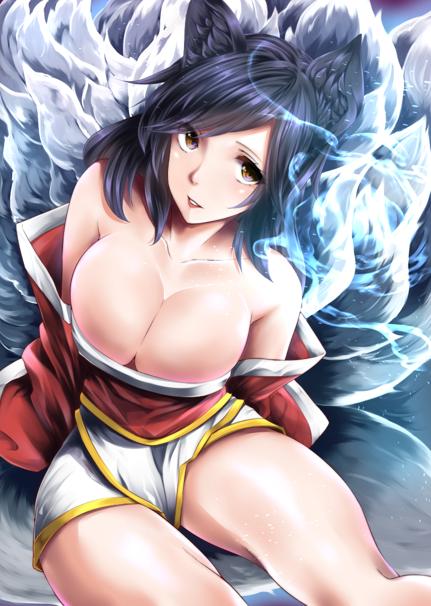 1girl ahri animal_ears bare_shoulders black_hair breasts cleavage collarbone detached_sleeves facial_mark fox_ears fox_tail highres korean_clothes large_breasts league_of_legends lips long_hair multiple_tails slit_pupils solo tail touki_(tsuitta) whisker_markings yellow_eyes