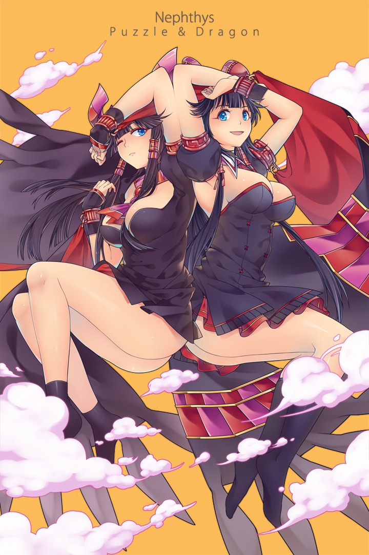2girls :d ;( armlet armpits arms_up ass bangs black_dress black_hair black_legwear blue_eyes breasts character_name cleavage closed_mouth clouds copyright_name cravat cuffs detached_sleeves dress egyptian full_body hair_between_breasts hair_tubes hairband jewelry kneehighs large_breasts long_hair multiple_girls nephthys_(p&amp;d) no_shoes open_mouth outside_border puffy_short_sleeves puffy_sleeves puzzle_&amp;_dragons revision ring roy_(pixiv992911) shawl short_dress short_sleeves simple_background smile socks strapless strapless_dress wristband